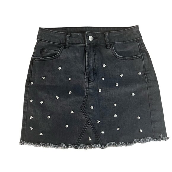 FST Dresses & Skirts - Women’s Black Denim Mini Skirt Star Stud Embellished Raw Frayed Hem Size S